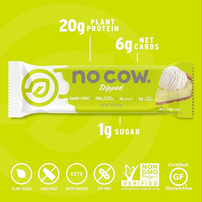 No Cow Vegan Protein Bars, Upgraded Key Lime Pie | 20g Plant Based Protein, Gluten Free, Dairy Free, Soy Free, Keto Friendly, Low Sugar, High Fiber Snack Bars | Pack of 12