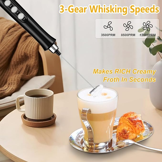 FITNATE Rechargeable Milk Frother with Stand, Handheld Milk Frother with 3 Stainless Whisks, 3 Speeds Drink Mixer Foam Maker for Coffee, Latte, Cappuccino, Hot Chocolate, Egg