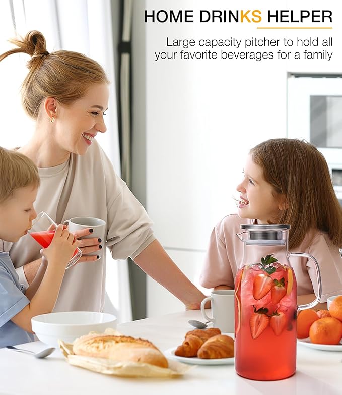 LUNA&MANTHA 2 Pack 2 Liter 68 oz Glass Pitcher with Lid and Handle, Water Pitcher for Fridge, Large Ice Tea Jug for Hot/Cold Drinks, Thick Borosilicate Glass Carafe for Coffee, Juice, Sangria