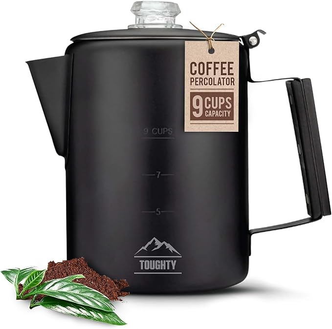 Toughty Yosemite Percolator Coffee Pot – Classic Stovetop Coffee Maker for Camping, Hiking & Home, Durable Stainless Steel Pot, Compatible with All Stovetops – Old-Fashioned 9-Cup Percolator, Black