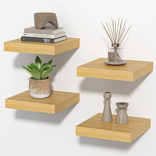 Square Floating Shelves for Wall, 7.5" W x 7.5" D x 1.4" H, Small Wooden Wall Mounted Display Shelf with Invisible Brackets for Living Room, Bathroom, Kitchen Decor, Set of 4, Oak