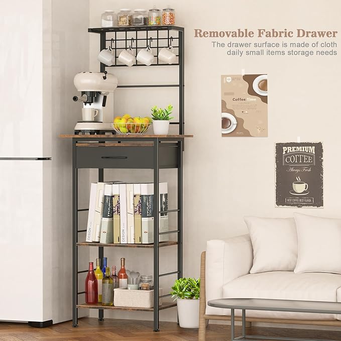Coffee Bar Station,5 Tier Coffee Stand with Organizer Storage Drawers,Kitchen Corner Bakers Rack with 4 S-Shaped Hooks & Dual Wood,Kitchen Shelf for Small Spaces, Living Room ,Entryway (Rustic Brown)