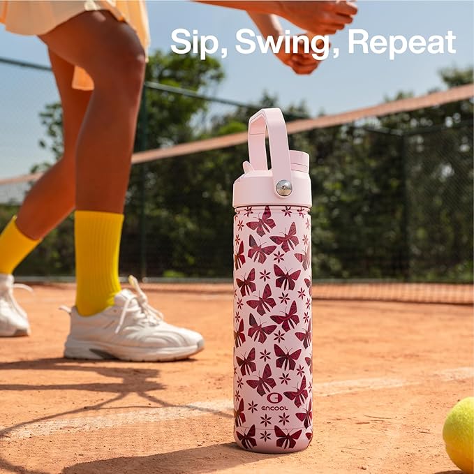 ENCOOL Insulated Water Bottle with Straw Stainless Steel Water Bottle, Leak-Proof, BPA-Free, Double Wall Vacuum Keeps Cold for 24 Hours for Sports, Travel, School (26 oz, Petal Butterfly)