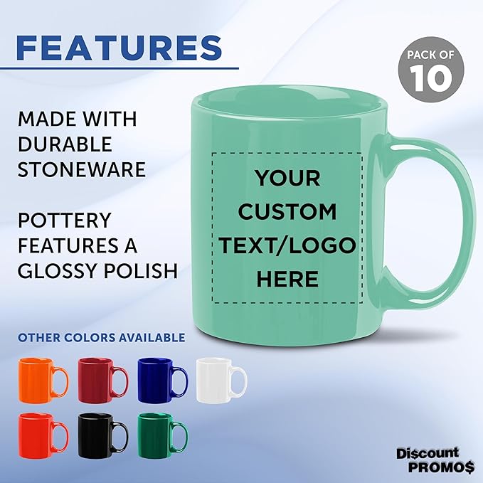 Custom Ceramic Coffee Mugs 11 oz. Set of 10, Personalized Bulk Pack - Coffee cup set, Iced coffee cup, Gaming mug - Tiffany Teal