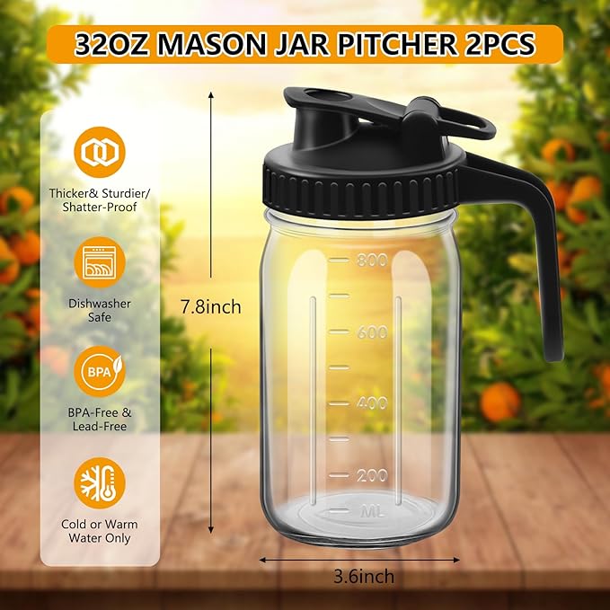 2Pcs Wide Mason Jar Pitcher,32oz Glass Pitcher with Lid Double Leak-proof with Handle Water Jug Wide Mouth Breast Milk Fridge Container for Water, Juice (32oz Black 2pc)
