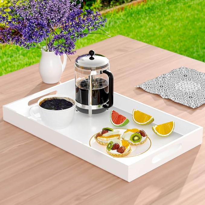 NIUBEE Acrylic Serving Tray 12x20 Inches -Spill Proof- White Decorative Tray Organiser for Ottoman Coffee Table Countertop with Handles