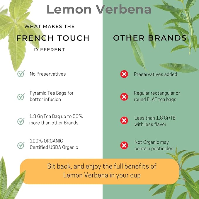 The French Touch Lemon Verbena Tea ORGANIC | 1.8g x 30 Pyramid Bags | 100% Certified USDA Organic | Plant based tea bags | Select Premium Tea (Lemon Verbena) | Vervein |Caffeine-free