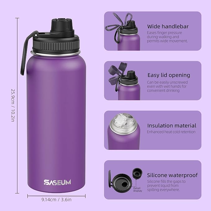 SASEUM Sport Water Bottle 32oz Stainless Steel Double Wall Vacuum Thermal Mug with Leak Proof Spout Lids, Wide Mouth Metal Insulated Water Jug for Gym and Travel（Purple）
