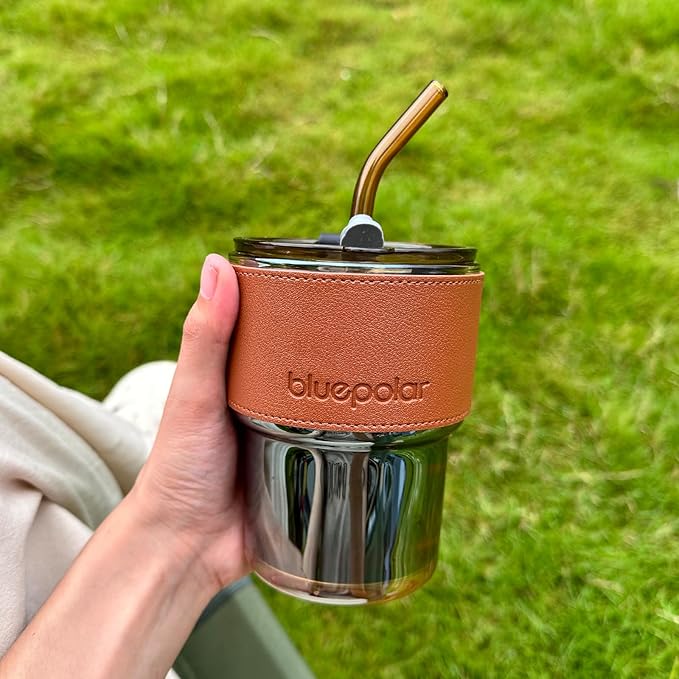 13oz/400ml Tumbler Water Glass, Cups with Straw and Lid Sealed Carry on for Coffee, Iced Tea, Thick Wall Insulated Glass Cup (Amberwith Protect Sleeve)