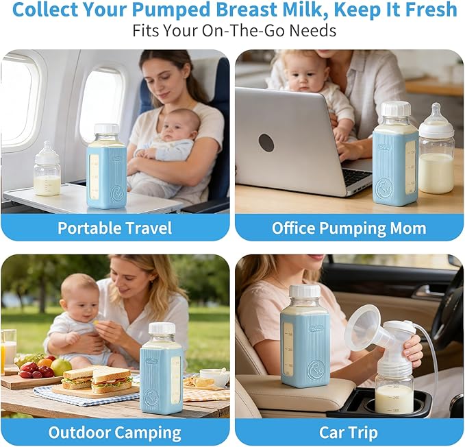 Syntic 2 Pack 16 Oz Glass Breastmilk Storage Bottle with Airtight Lids & 2 Pour Spouts, Milk Storage Containers for Fridge with Clear Scales - Day/Night Milk Collection Bottles with Protective Case
