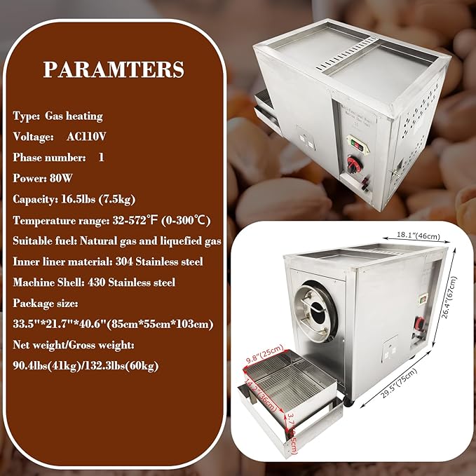 Commercial Gas Roaster Coffee Bean Nuts Drum Roasting Machine 16.5LBS Natural/Liquefied Gas Stainless Steel Roaster Frying Machine Melon Seeds Peanuts Nuts Chestnuts Baker Burner 0-300℃ 110V