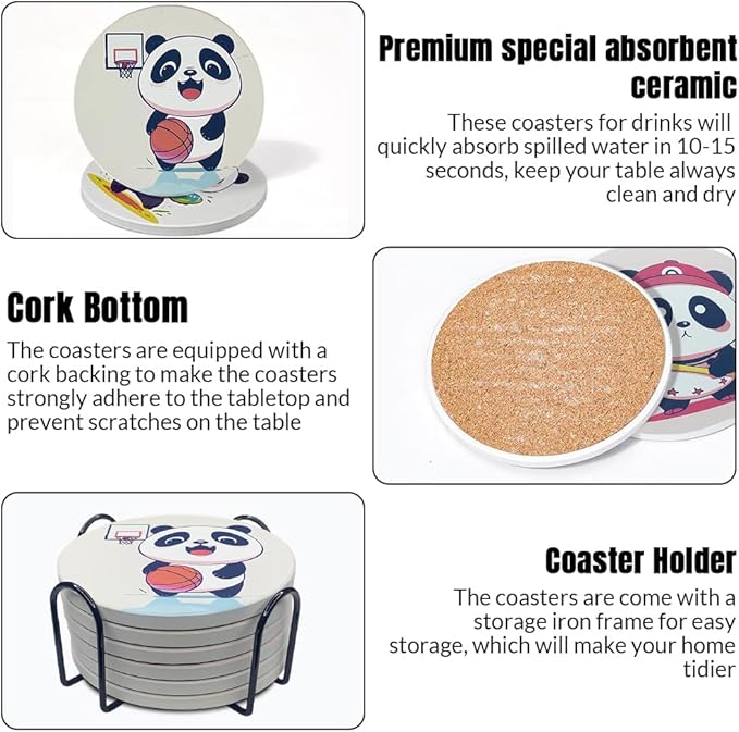 Ceramic Coasters Set of 6, Marble-Textured Design with Holder - Absorbent Cork-Backed Coasters for Cups, Bar & Coffee Table Decor Accessories (Panda, 6 Pack)