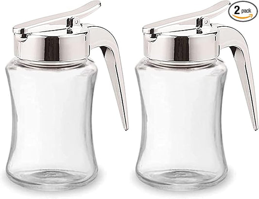 J&M DESIGN 2-Pack Glass Syrup Dispenser Bottle for Maple Syrup, Honey Pot or Sugar Jar W/Handle Shaker For Pancakes, Coffee, Cereal Bowl, Tea Pour Spout Lid Easy Spoon Measure 7.5oz Container Holder