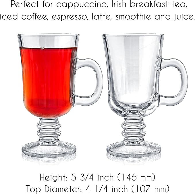 Volarium Irish Coffee Glass Mugs, Latte Cups, Set of 2 Cappuccino and Hot Chocolate Mugs with Handle, Clear Glass Cups for Hot Beverages, 7 3/4 oz
