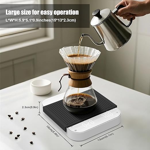 5.9" Rechargeable Coffee Scale with Timer, Diyife Portable Digital Coffee Scale, 3kg/0.1g Accurate Scale for Espresso and Pour-Over Coffee, Dual Timekeeping Modes, 6 Units, LCD Display, White