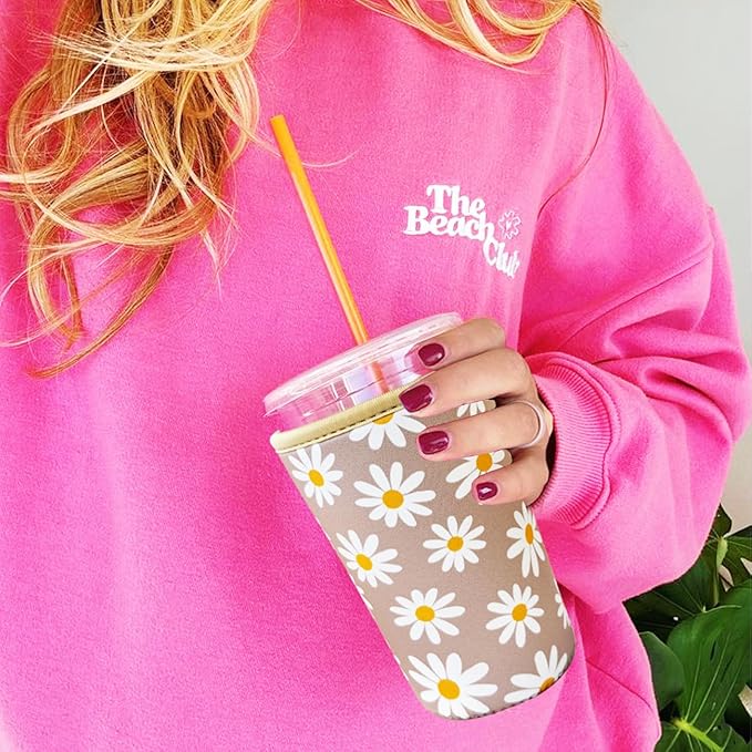 Reusable Insulated Neoprene Iced Coffee Cup Sleeve, Durable Drink Sleeve for Cold Beverages, Beverage Holder for iced coffee, Sunny Daisies