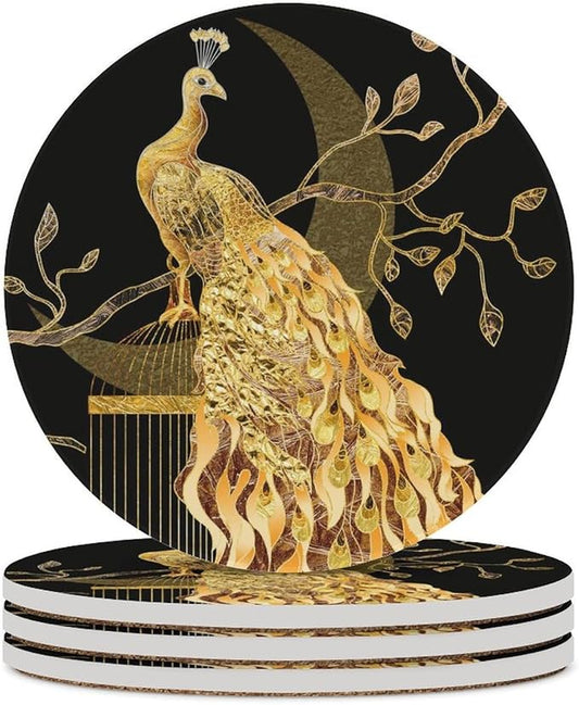 Round-4PCS Peacock Drink Coasters, Round Modern Ceramic Absorbent Coasters, Vintage Tree Branch Beautiful Gold Peacock Decor Desk Coffee Table Coaster for Beverage Cup Tea Coasters