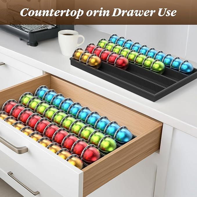 Coffee Pod Storage Holder Drawer Insert for Counter Compatible Nespresso Vertuo Vertuoline Capsules for Home, Office, Coffee Station（black）