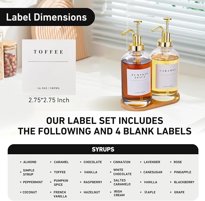 Coffee Syrup Dispenser for Coffee Bar, Coffee Syrup Pump Dispenser, Glass Syrup Bottle with Gold Upgraded Pump, 4 Pack 16.9 oz 500 ml Syrup Dispensers, 28 Labels and 2 Bamboo Tray