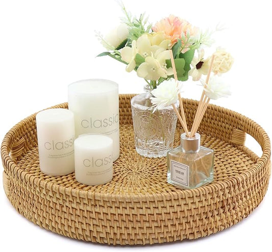 Handwoven Rattan Round Serving Tray, Natural Wicker Decorative Tray for Serving, Coffee Table, Home Boho Décor and Entertaining, Gift Idea Choice