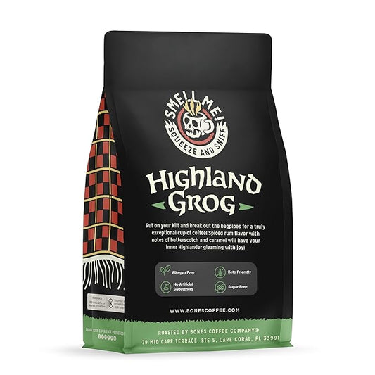 Bones Coffee Company Highland Grog, Butterscotch Caramel Flavored Coffee, Medium Roast Low Acid Arabica Beans Compatible with Auto drip and French Press Coffee Maker, 12 Oz Ground