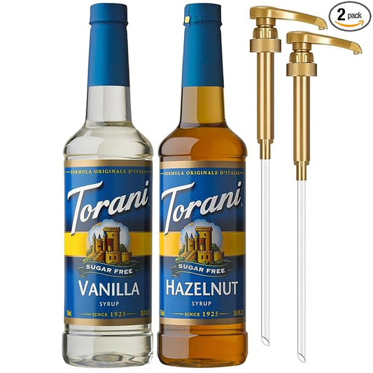 Torani Sugar Free Hazelnut Syrup and Sugar Free Vanilla Syrup Variety 2-Pack, Coffee Syrups for Drinks, Pumps Included, 25.4 Fl Oz Ea
