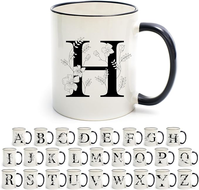Monogram Ceramic Coffee Mugs, 11 oz Initial Drinking Cup with Gift Box, Unique Birthday Christmas Gifts for Women Wife Mothers Day Grandma Mom Aunt, H