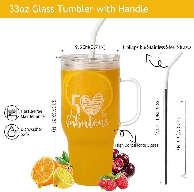 Wells 50th Birthday Gifts For Her, Cool 50 Year Old Birthday Gift Women, Fabulous Gift for Women Turning 50, Happy Birthday Gifts For Best Friends Female Mom Wife Coworker - 33oz Cute Glass Tumbler
