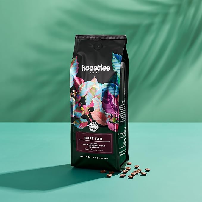 Hoasties Coffee Buff Tail - Dark Roast Whole Bean Organic Coffee, Made 100% Colombian Arabica Coffee Beans, 16 ounces