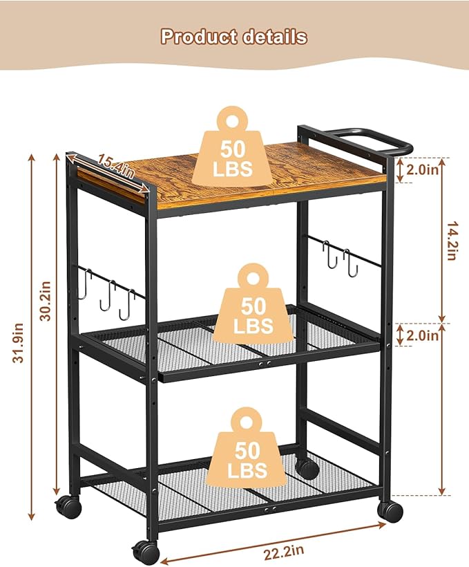 Kitchen Cart with Adjustable Shelves 3-Tier, Rolling Microwave Cart with Push Handle, Microwave Storage Stand with Drawer Slider Shelf, Utility Cart for Kitchen, Restaurant, Living Room, Office