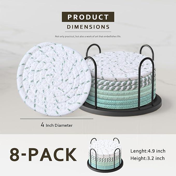 Coasters Set of 8 for Drinks, Beer, Coffee, Cotton Woven 4 Colors Absorbent Coaster with Holder, Boho Coasters for Home Decor Tabletop Protection Suitable for Kinds of Cups