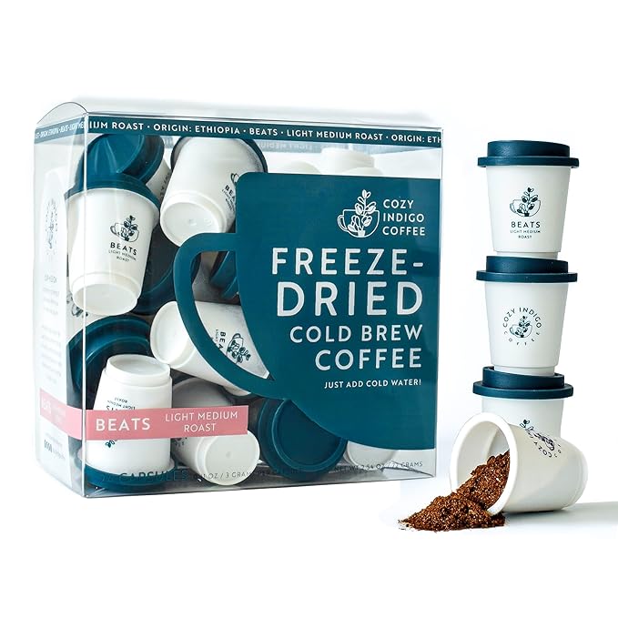 COZY INDIGO COFFEE - BEATS Cold Brew Light Medium Roast Instant Freeze Dried Specialty Coffee, 24 Capsules, 100% Arabica Beans, Dissolves Instantly, Enjoy Cold or Hot, Perfect for Travel and On The Go