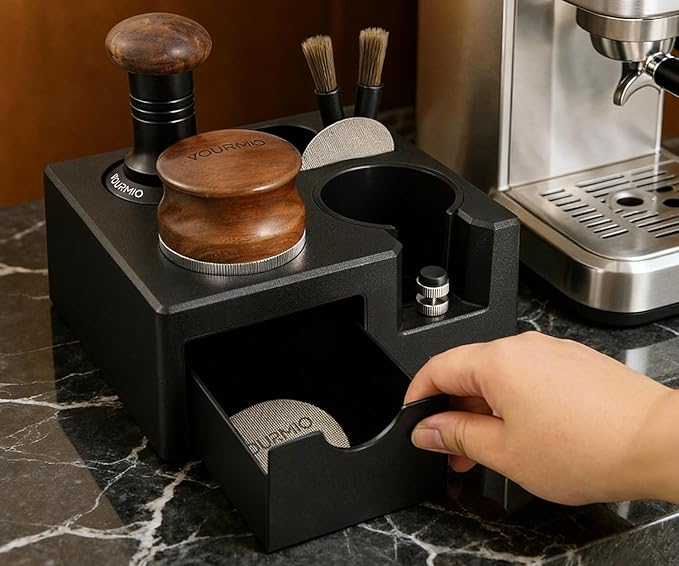 Espresso Tamping Station - 7 in 1 Espresso Coffee Organizer Box Fits for Storage 51/54/58MM Espresso Tamper, Distributor, Portafilter and Puck Screen Accessories, Plastic Tamp Station, Black