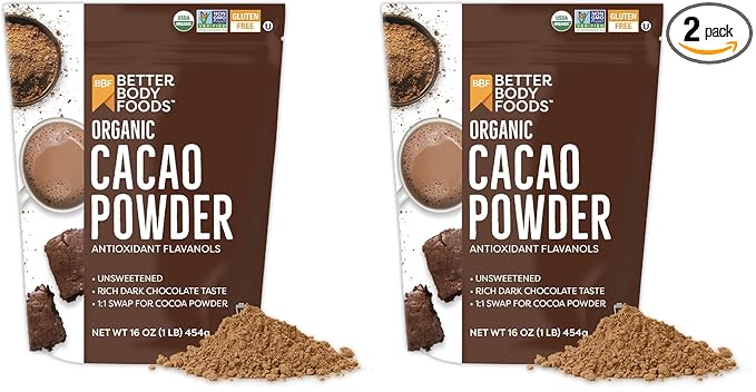 BetterBody Foods Organic Cacao Powder, Rich Chocolate Flavor, Non-GMO, Gluten-Free, Cocoa, 16 ounce, 1 lb bag (Pack of 2)