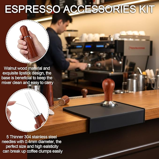 5 Pcs 51mm Espresso Accessories Kit Coffee Tamping Mat Spring Loaded Calibrated Tamper 316 Stainless Steel WDT Espresso Dosing Funnel and Puck Screen Set Coffee Stirrer for Barista