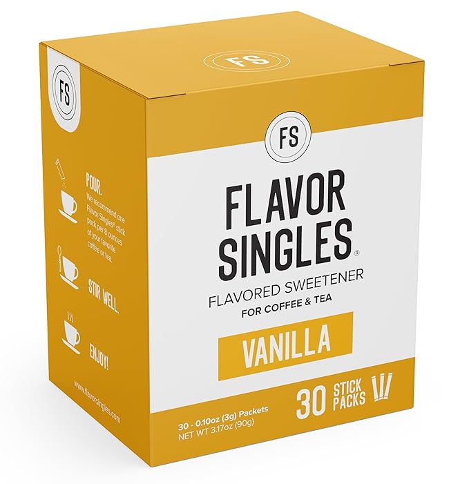 Flavor Singles Vanilla Powdered Sweetener Packets for Coffee & Tea, Travel Ready Single-Serve Syrup Alternative, 30 Count (Pack of 1)