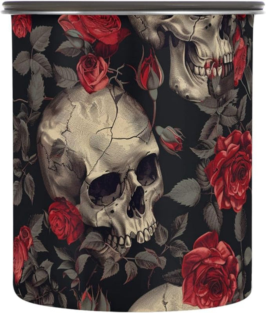 ALAZA Skull Red Rose Flower Floral Airtight Coffee Bean Canister 500ml Food Storage Containers with Lids For Gournd, Tea, Sugar, Flour, Rice, Cereal, Candy Cookie Jar