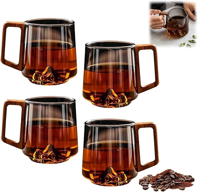 Gray Glass Slanted Coffee Cups with Wooden Handle, 15.2oz Large Glass Mugs with Handle, 3D Mountain Bottom Clear Coffee Mugs for Café & Tea Lovers, Vintage Style Wood Handle Mug for Home, Gift