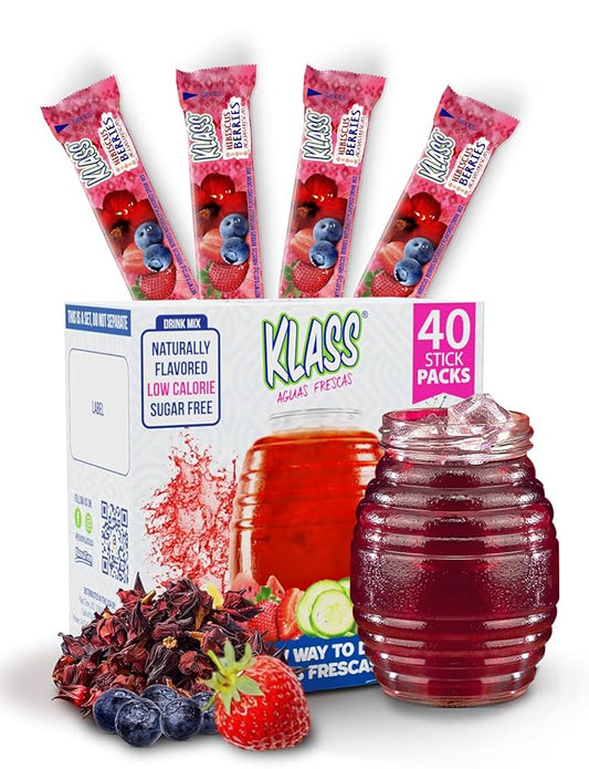 Klass Aguas Frescas, Powdered Drink Mix, 40 Singles Zero Sugar & Caffeine-Free Powder Packets, Water Drink Mix, Flavor: Hibiscus Berries - 5 Calories Per Packet & Natural Flavors