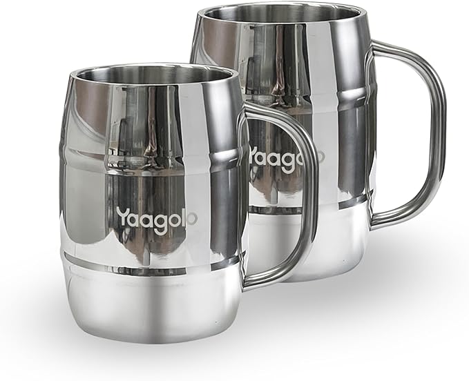 Insulated Beer Stein, 2 Pack 32oz Double Wall Stainless Steel Beer Stein with Handle, Insulated Stein Mug for Cold Drinks, Hot Coffee, Milk, Shatterproof Cups for Men Women