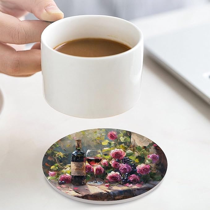 Red Wine Drink Coasters, Round Ceramic Drink Coaster Round-4PCS, Oil Painting Style Vintage Red Wine Flower Grapes Rose Floral Decor Absorbent Ceramic Coasters for Beverage Cup, Bar, Coffee Table