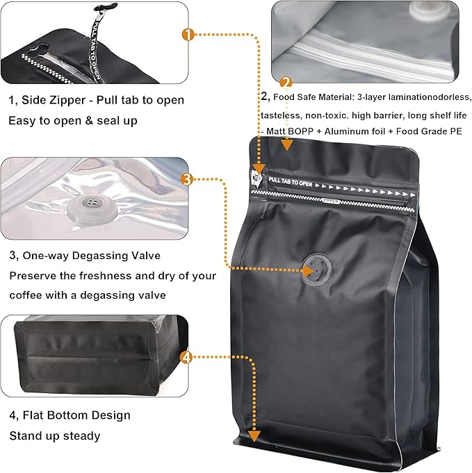50 Pack Coffee Bags Degassing Valve, Resealable High Barrier Storage Bags with Aluminum Foil, Odor-Proof for Coffee Beans, Stand Up Coffee Pouch, Flat Bottom (Large-16OZ, Black)