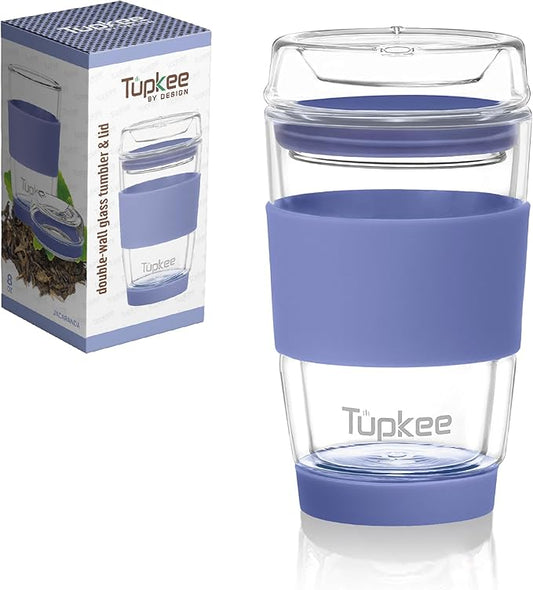 Tupkee Double Wall All Glass Tumbler - 8-Ounce, Reusable Insulated Tea/Coffee Mug & Lid, Hand Blown Glass Travel Mug - Jacaranda - 2 Pack