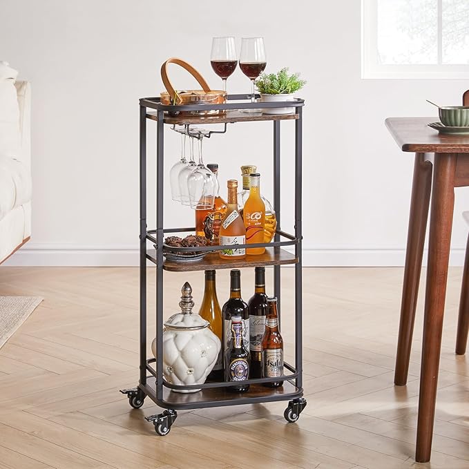 IBUYKE 3-Tier Home Bar Serving Cart,Kitchen Storage Carts with Wheels,11.79x15.72x33.01 inches,Rolling Mini Bar Cart for Home, Outdoor, Kitchen, Bedroom TMJ319H