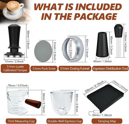 7 Pcs 51mm Espresso Accessories Kit, Spring Loaded Calibrated Tamper, WDT Tool, Coffee Measuring & Espresso Cup and Tamper Mat, Puck Screenr & Dosing Funnel, 51mm Espresso Machine Accessories