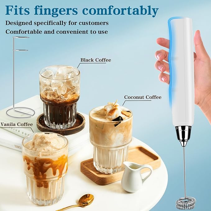 Milk Frother Handheld with Stand, Electric Whisk 3 Speed Adjustable, Drink Mixer with Stainless 3 Whisk, Rechargeable Hand Frother Wand, Foam Maker for Latte Cappuccino Hot Chocolate Egg White