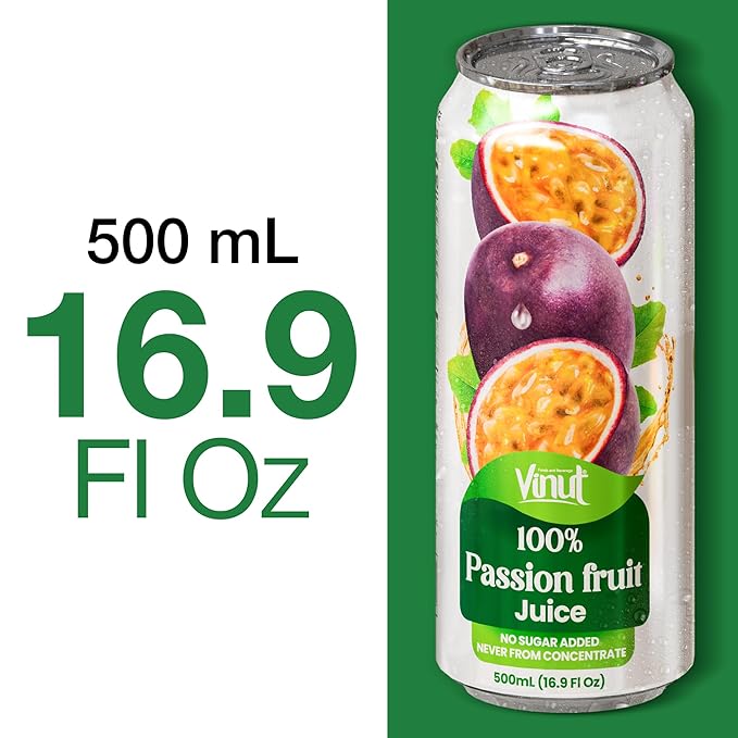 VINUT 100% Passion Fruit Juice, No Added Sugar, Not From Concentrate, 16.9 fl oz (500 mL) Can, Pack of 6