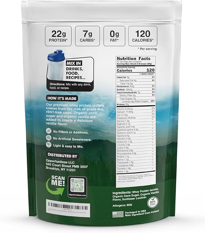 Opportuniteas Grass Fed Vanilla Whey Isolate Protein Powder – 22g Protein, Heavy-Metal Tested, Organic Cane Sugar & Organic Vanilla Flavor, Non-GMO, Hormone-Free, Sourced from Ireland, 5lb