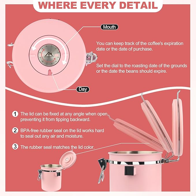 ShanSon Coffee Canister Airtight Coffee Container Stainless Steel Coffee Bean Storage Container with Scoop Coffee Canister for Beans Grounds Sugar Flour Tea Cereal,22OZ, Pink Upgraded Version