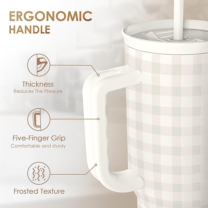 Grey Gingham 40oz Slider Tumbler with Handle and Straw - Insulated Stainless Steel Travel Coffee Mug for Women Girls, Gift for Birthday, Christmas